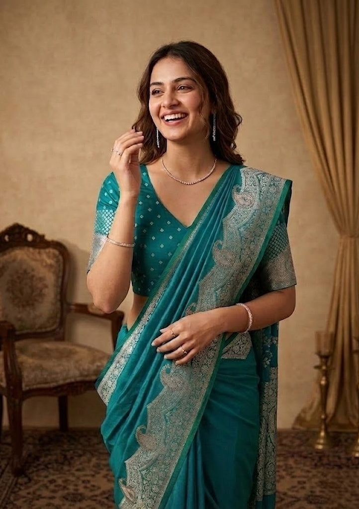 Turquoise Blue Silk Banarasi Gold Stonework Saree With Matching Blouse Piece