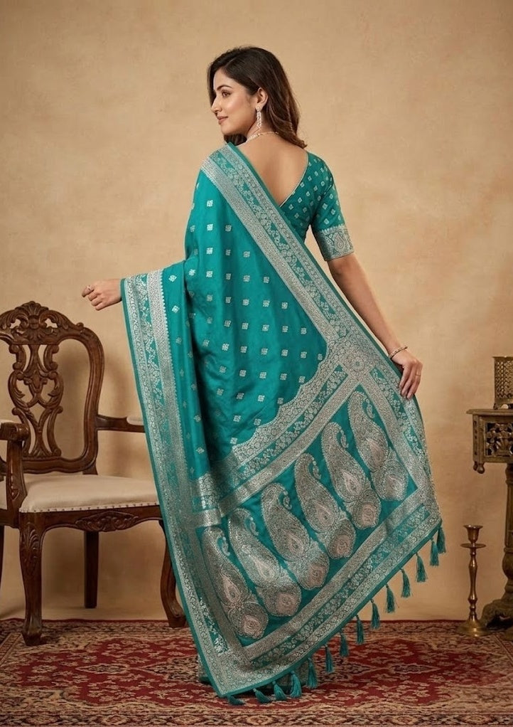 Turquoise Blue Silk Banarasi Gold Stonework Saree With Matching Blouse Piece