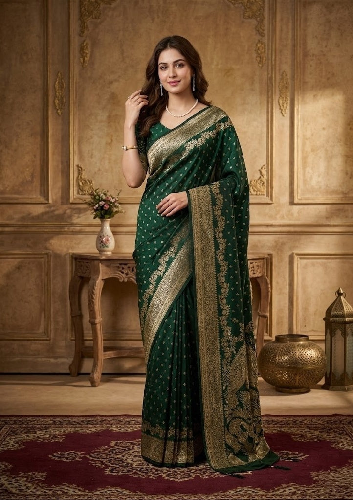Bottle Green Silk Buti Gold Stonework Saree With Matching Blouse Piece