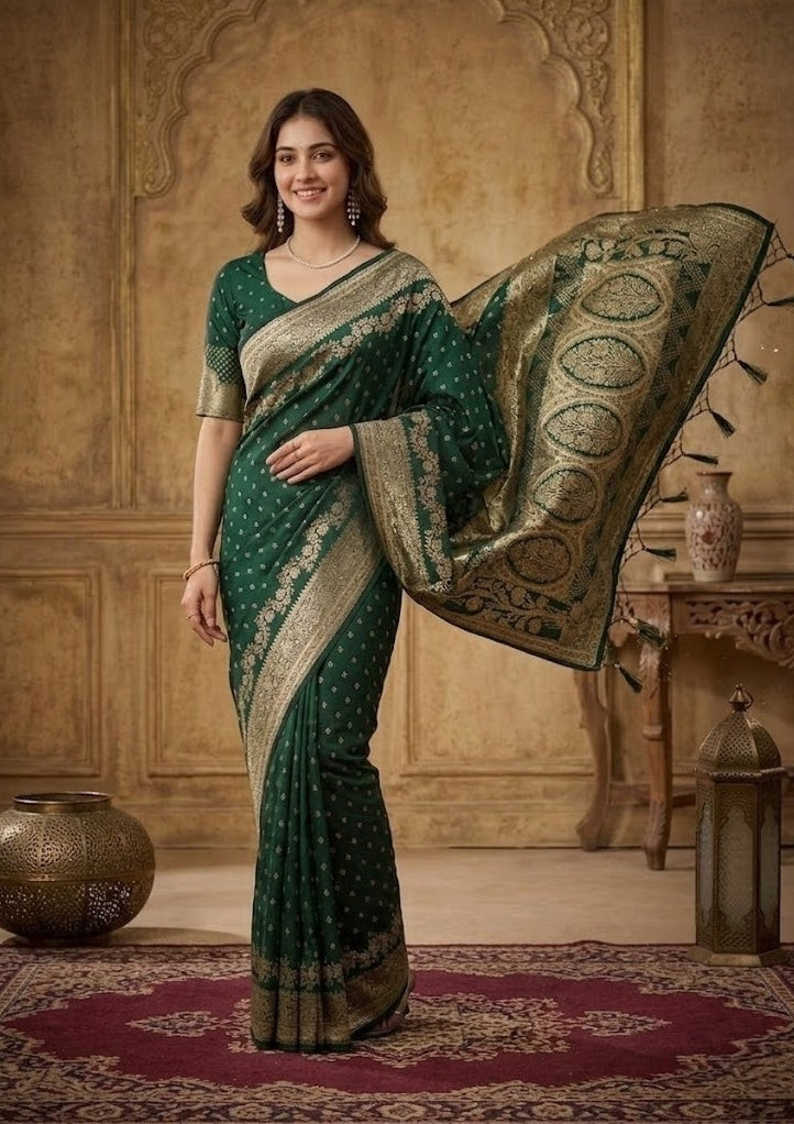 Bottle Green Silk Buti Gold Stonework Saree With Matching Blouse Piece
