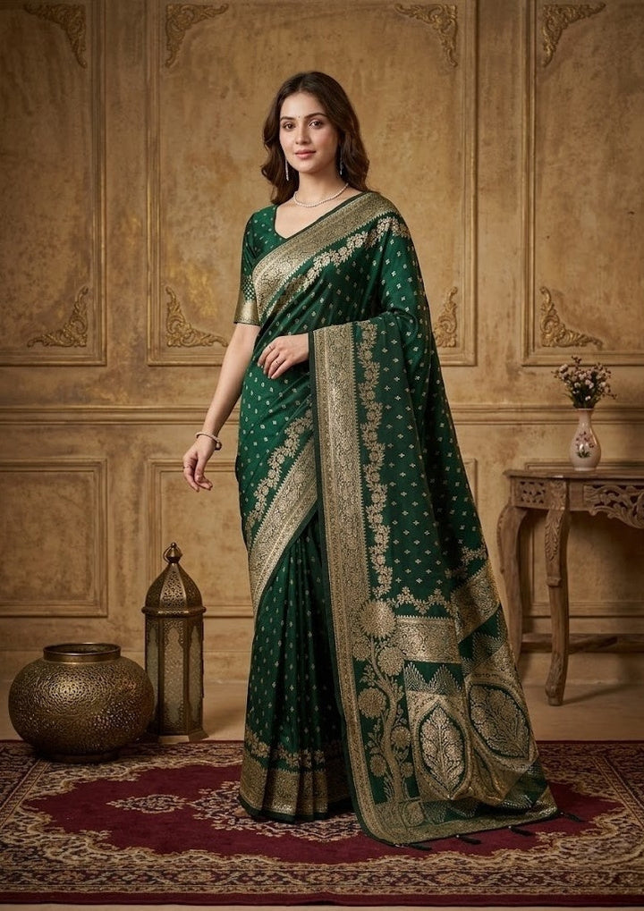 Bottle Green Silk Buti Gold Stonework Saree With Matching Blouse Piece