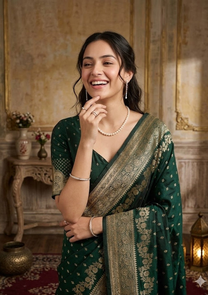 Bottle Green Silk Buti Gold Stonework Saree With Matching Blouse Piece