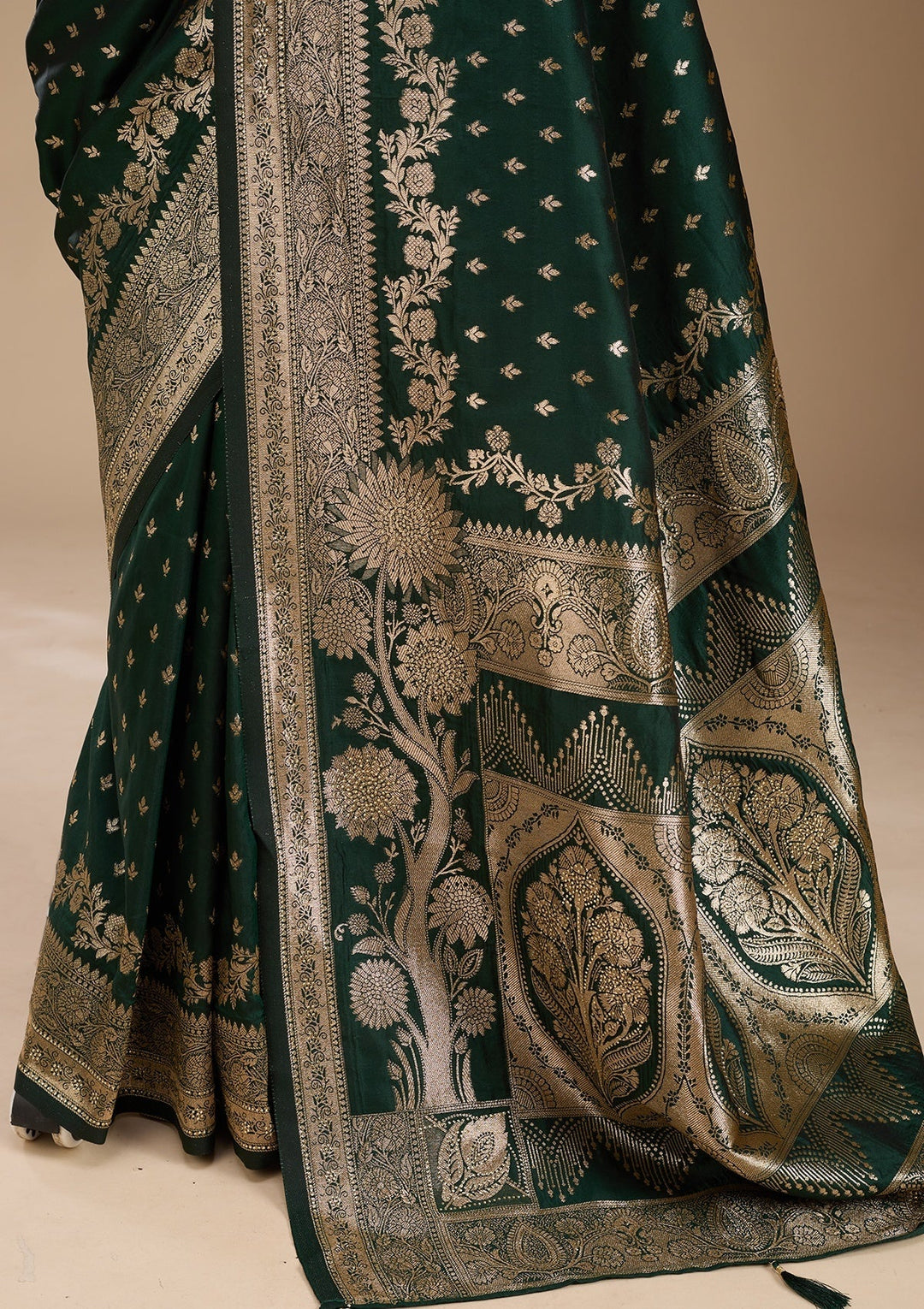 Bottle Green Silk Buti Gold Stonework Saree With Matching Blouse Piece