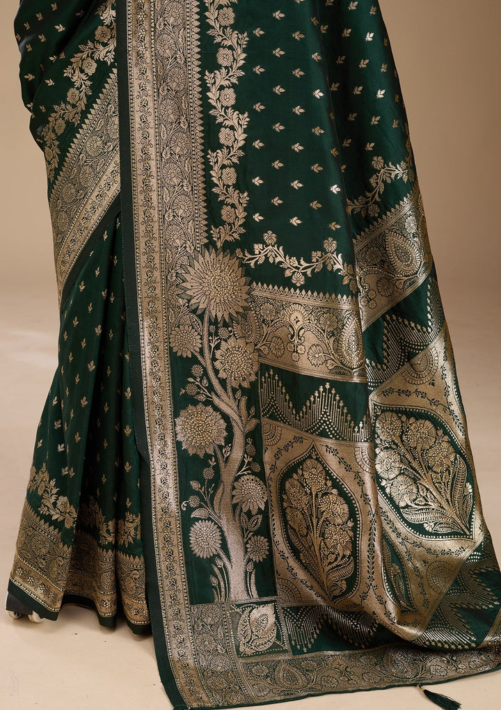 Bottle Green Silk Buti Gold Stonework Saree With Matching Blouse Piece