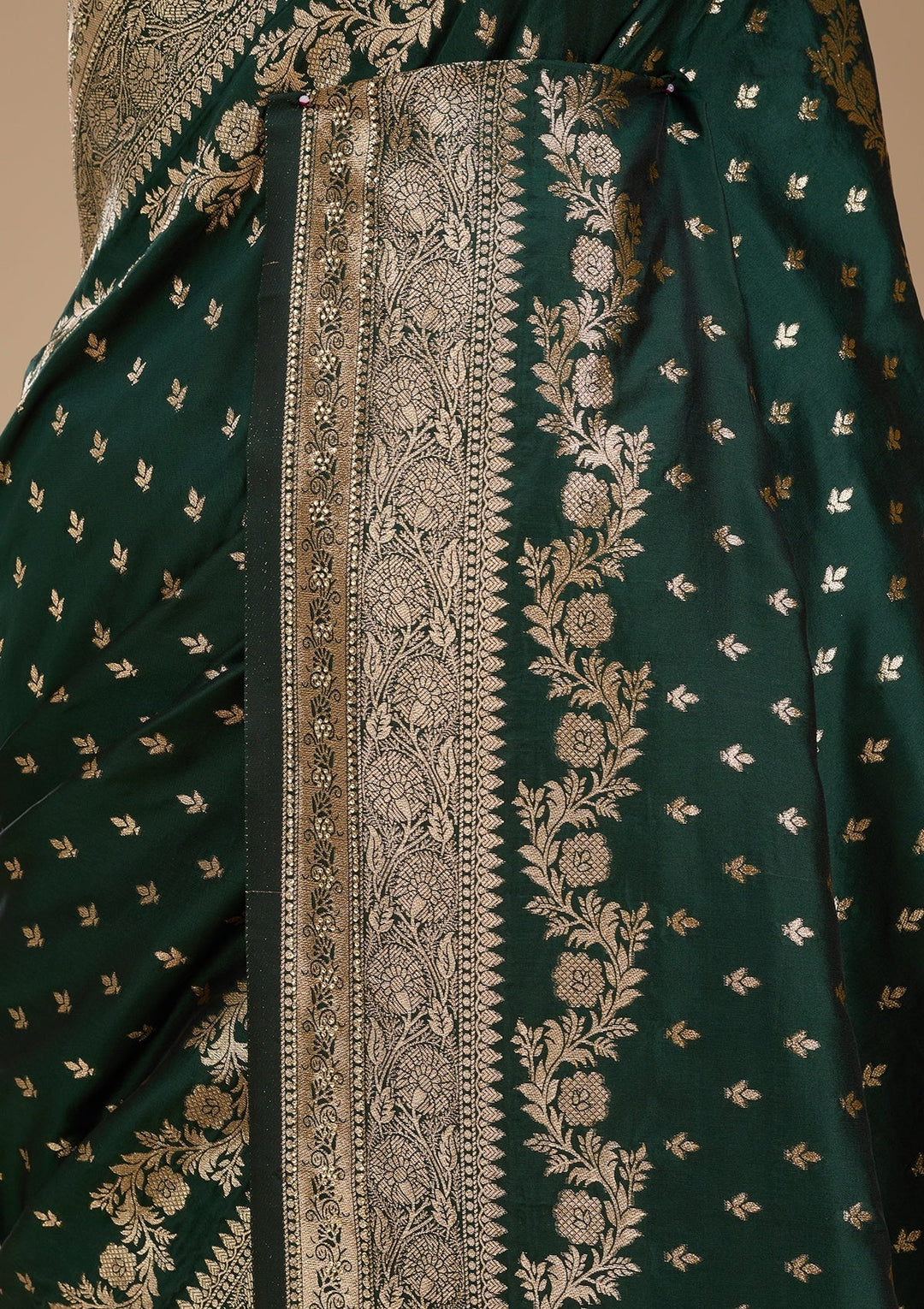Bottle Green Silk Buti Gold Stonework Saree With Matching Blouse Piece