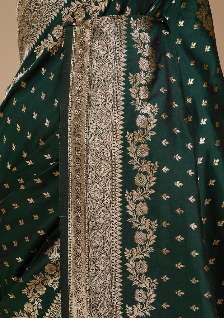 Bottle Green Silk Buti Gold Stonework Saree With Matching Blouse Piece
