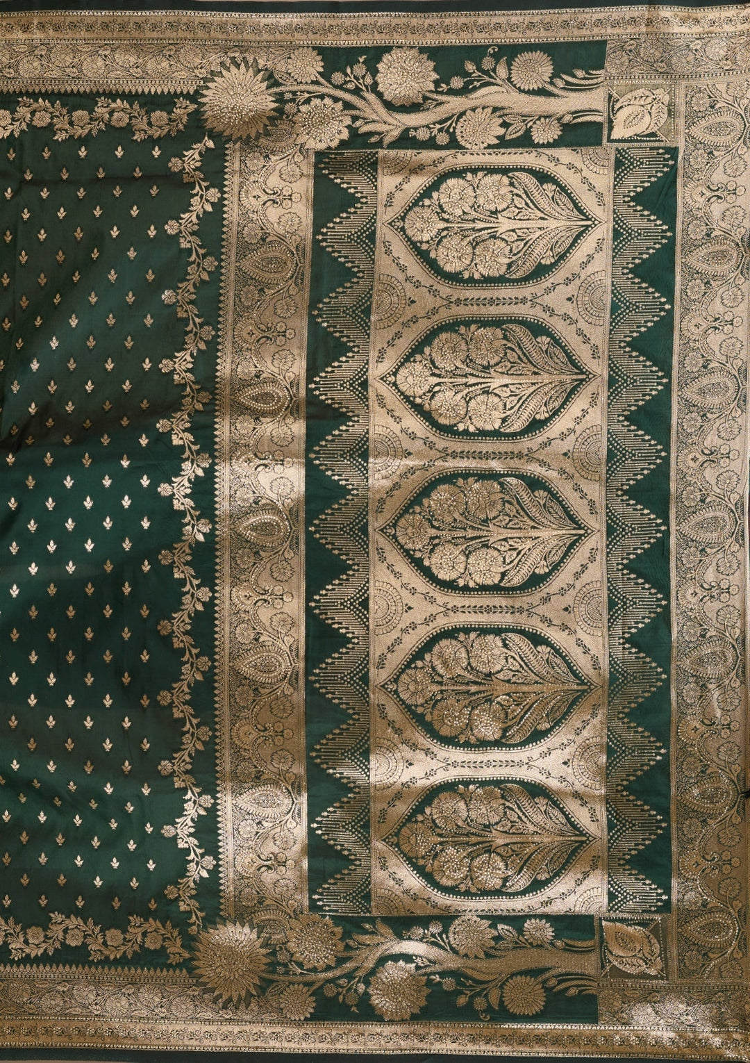 Bottle Green Silk Buti Gold Stonework Saree With Matching Blouse Piece