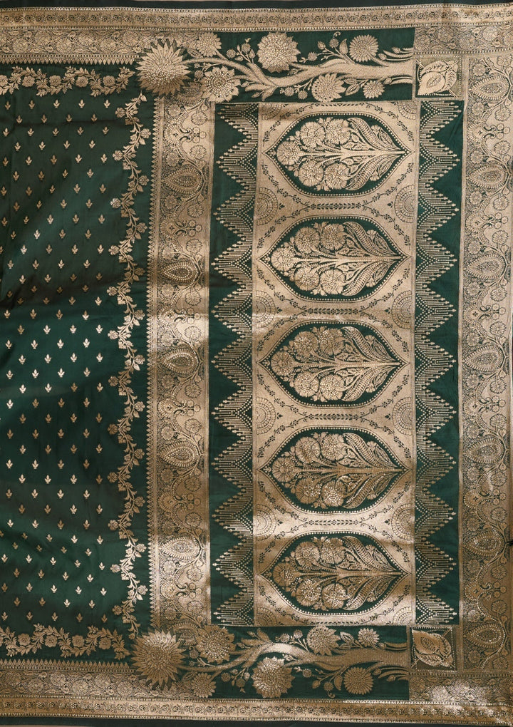 Bottle Green Silk Buti Gold Stonework Saree With Matching Blouse Piece