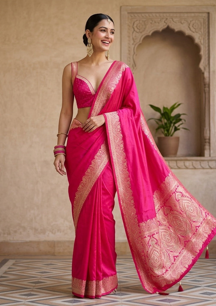 Rani Pink Stonework (Gold) Art Silk Saree