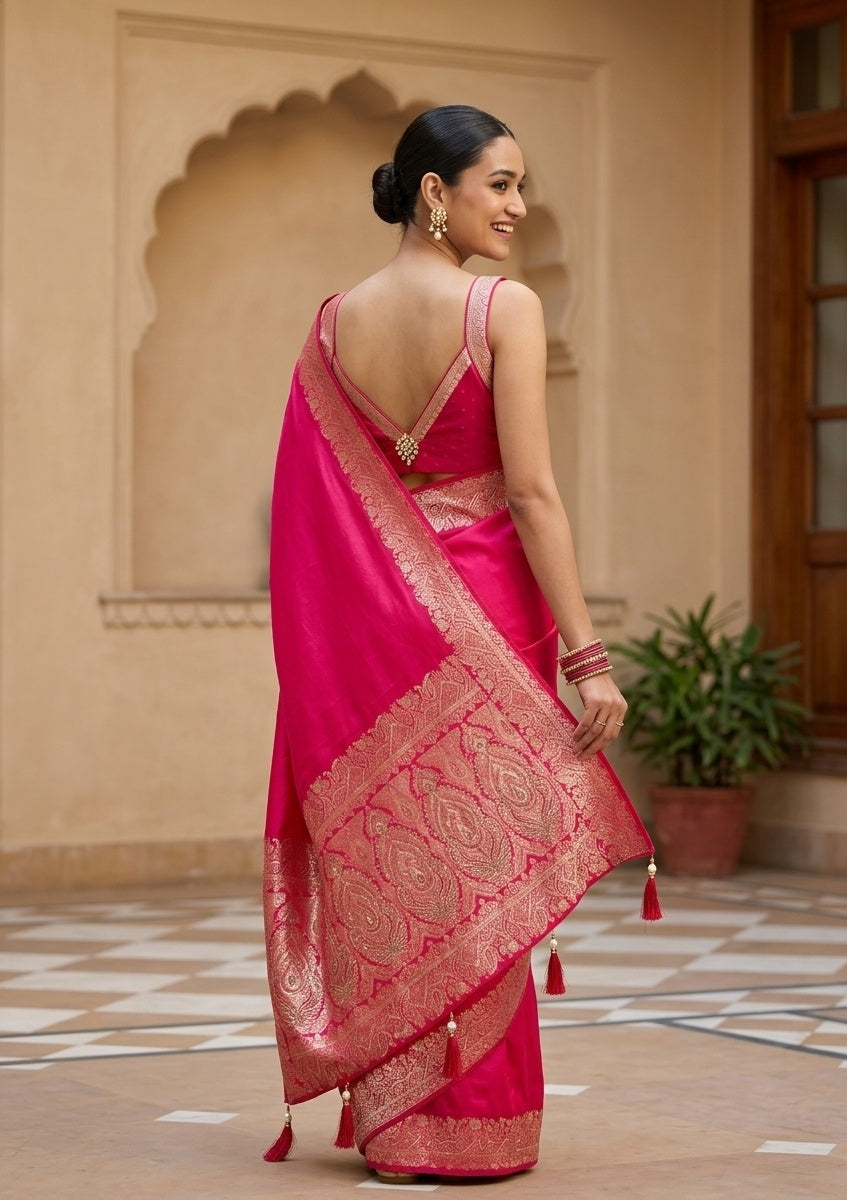 Rani Pink Stonework (Gold) Art Silk Saree