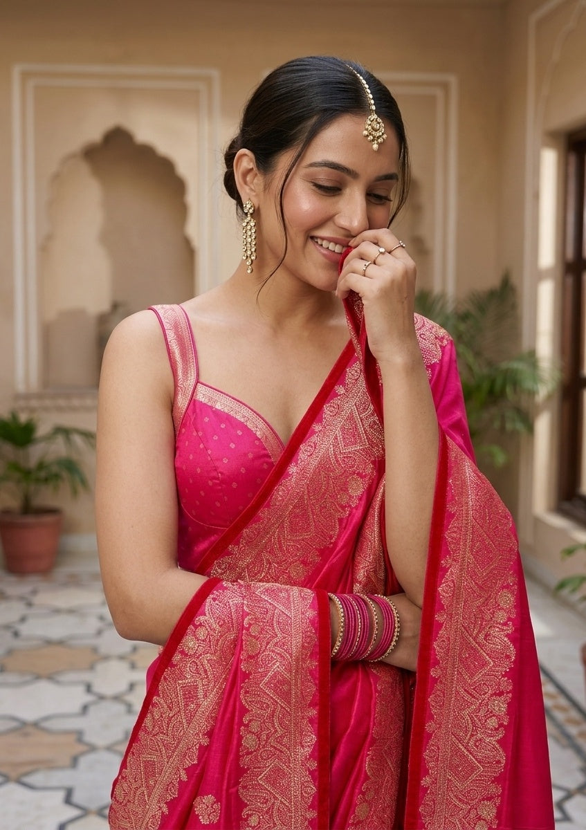 Rani Pink Stonework (Gold) Art Silk Saree