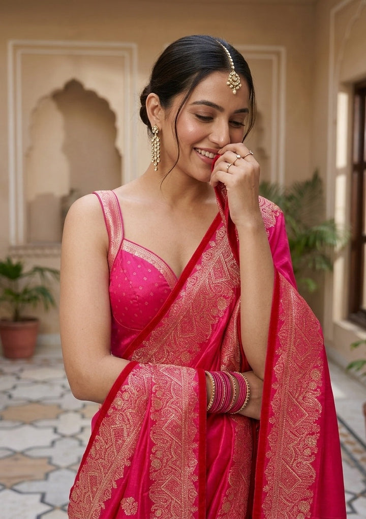 Rani Pink Stonework (Gold) Art Silk Saree