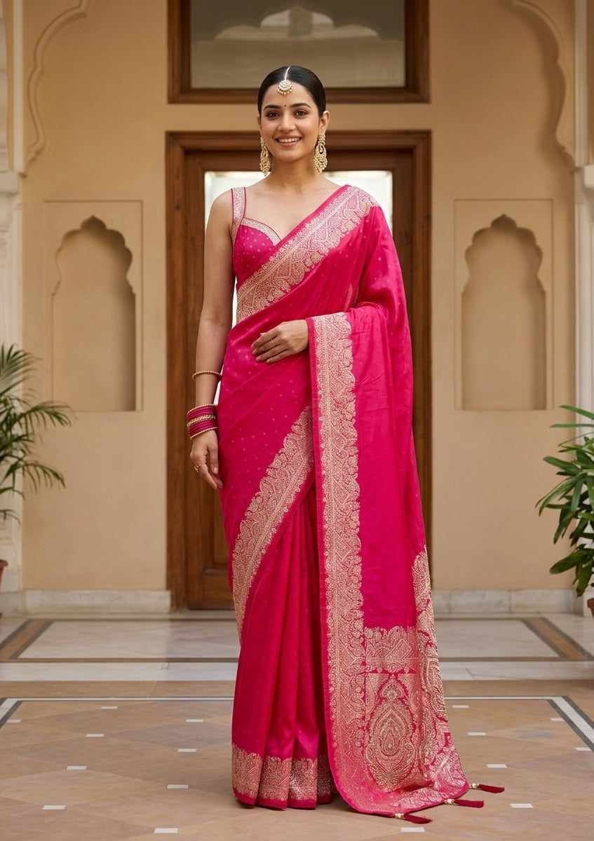 Rani Pink Stonework (Gold) Art Silk Saree