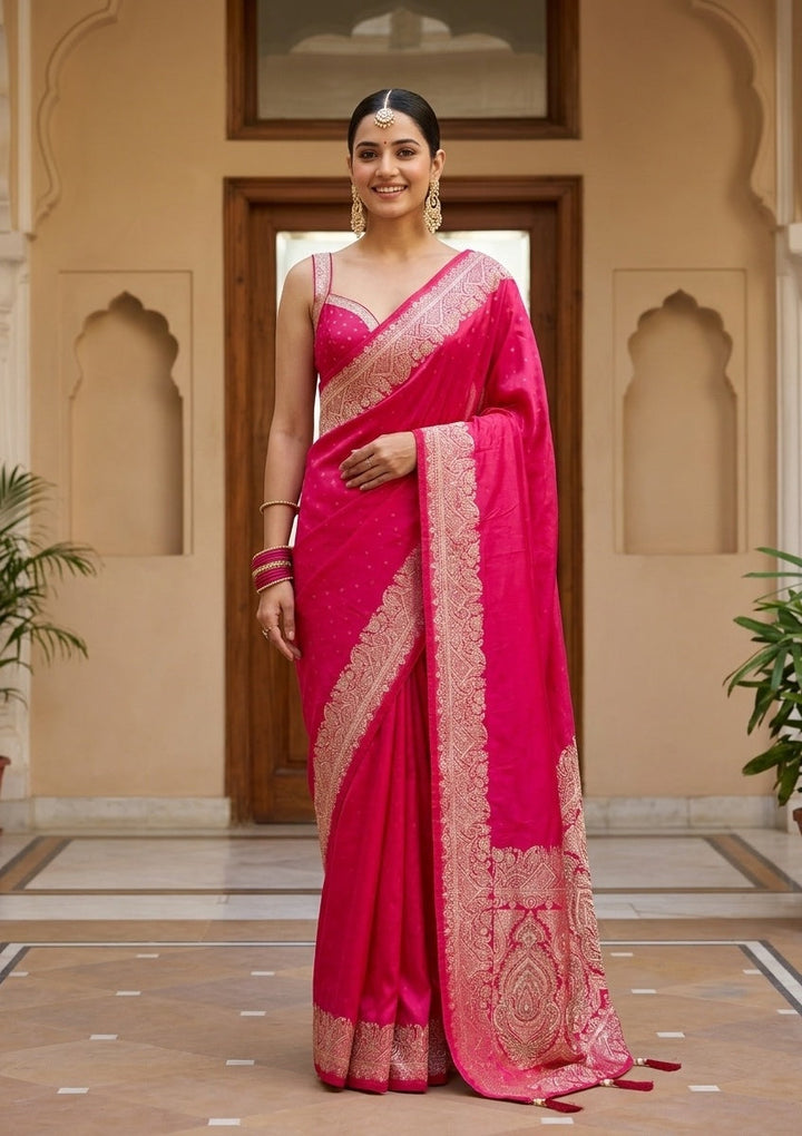 Rani Pink Stonework (Gold) Art Silk Saree
