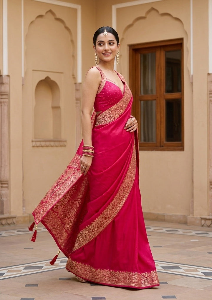 Rani Pink Stonework (Gold) Art Silk Saree