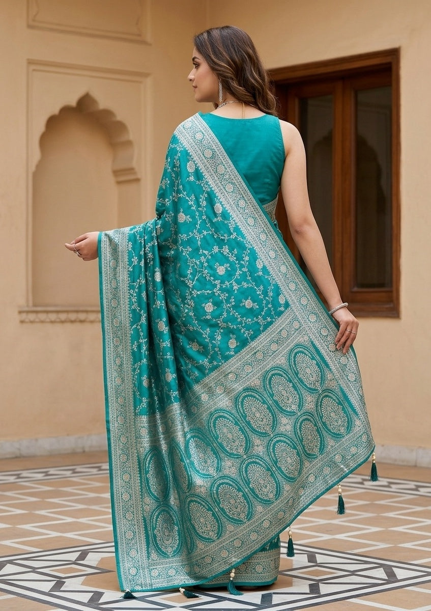 Rama Green Silk Jaal Gold Stonework Saree With Matching Blouse Piece