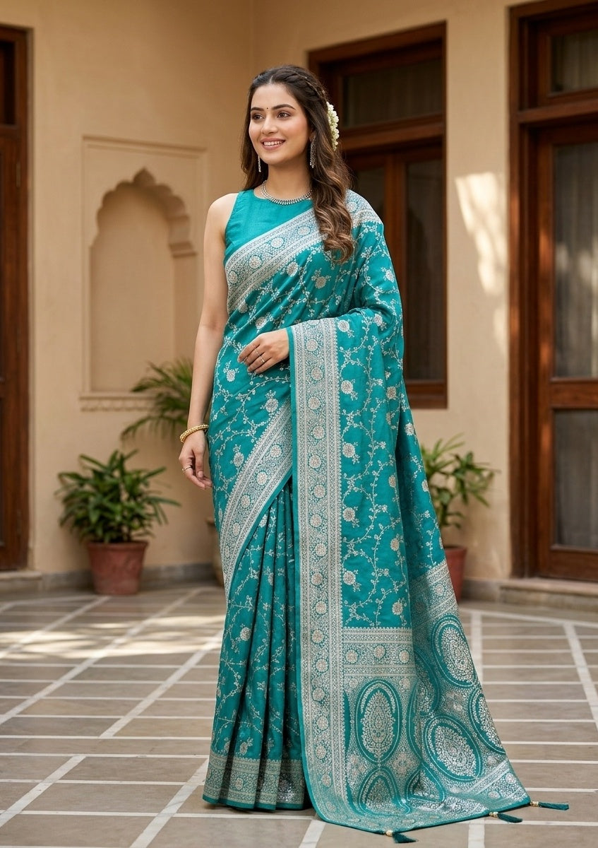 Rama Green Silk Jaal Gold Stonework Saree With Matching Blouse Piece