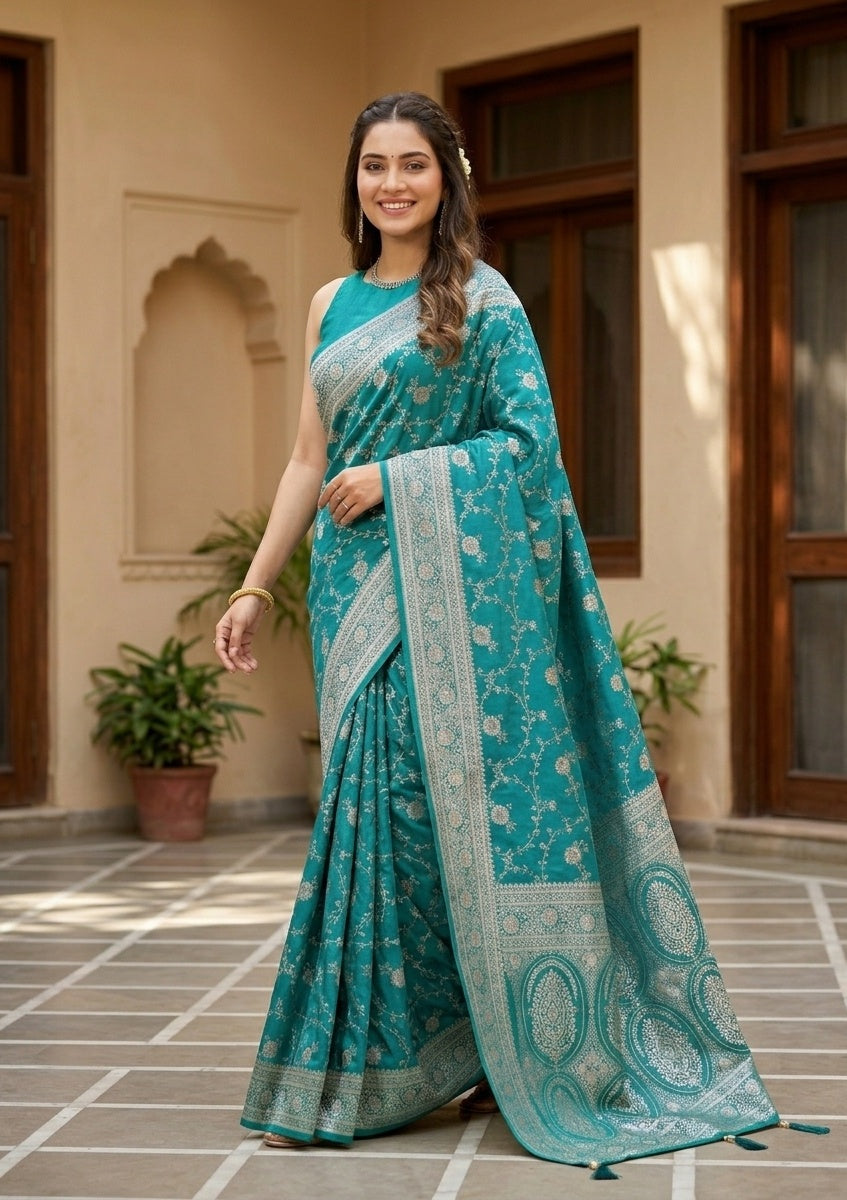 Rama Green Silk Jaal Gold Stonework Saree With Matching Blouse Piece