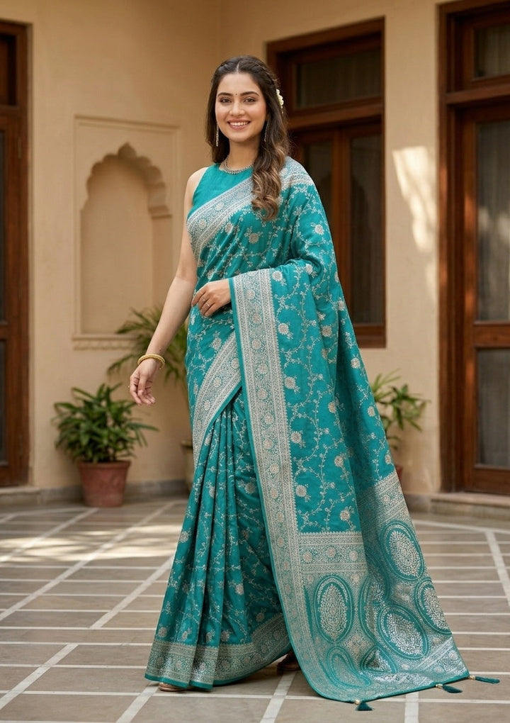 Rama Green Silk Jaal Gold Stonework Saree With Matching Blouse Piece