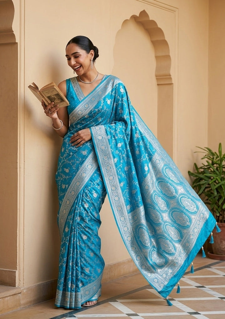 Turquoise Blue Stonework (Gold) Art Silk Saree