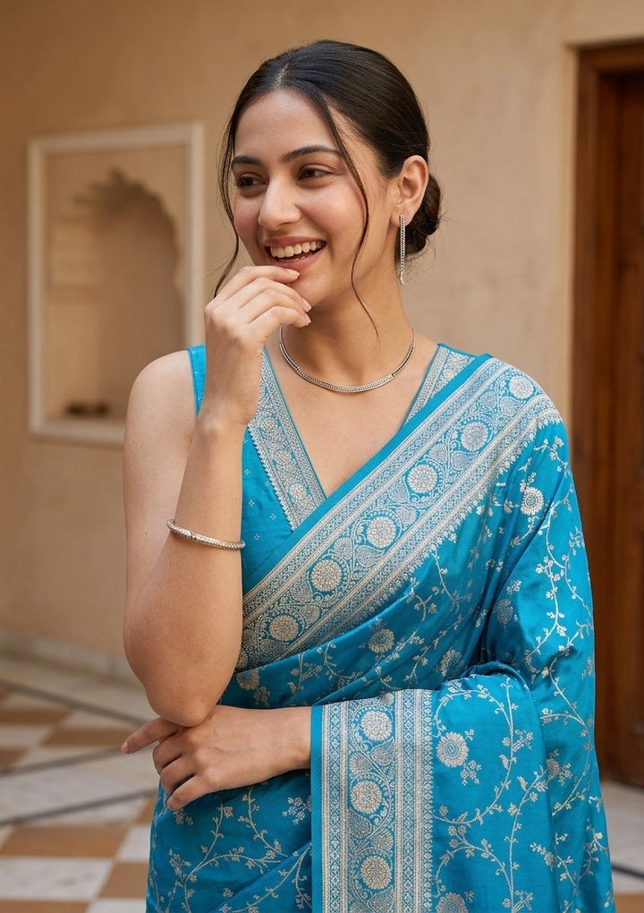 Turquoise Blue Stonework (Gold) Art Silk Saree