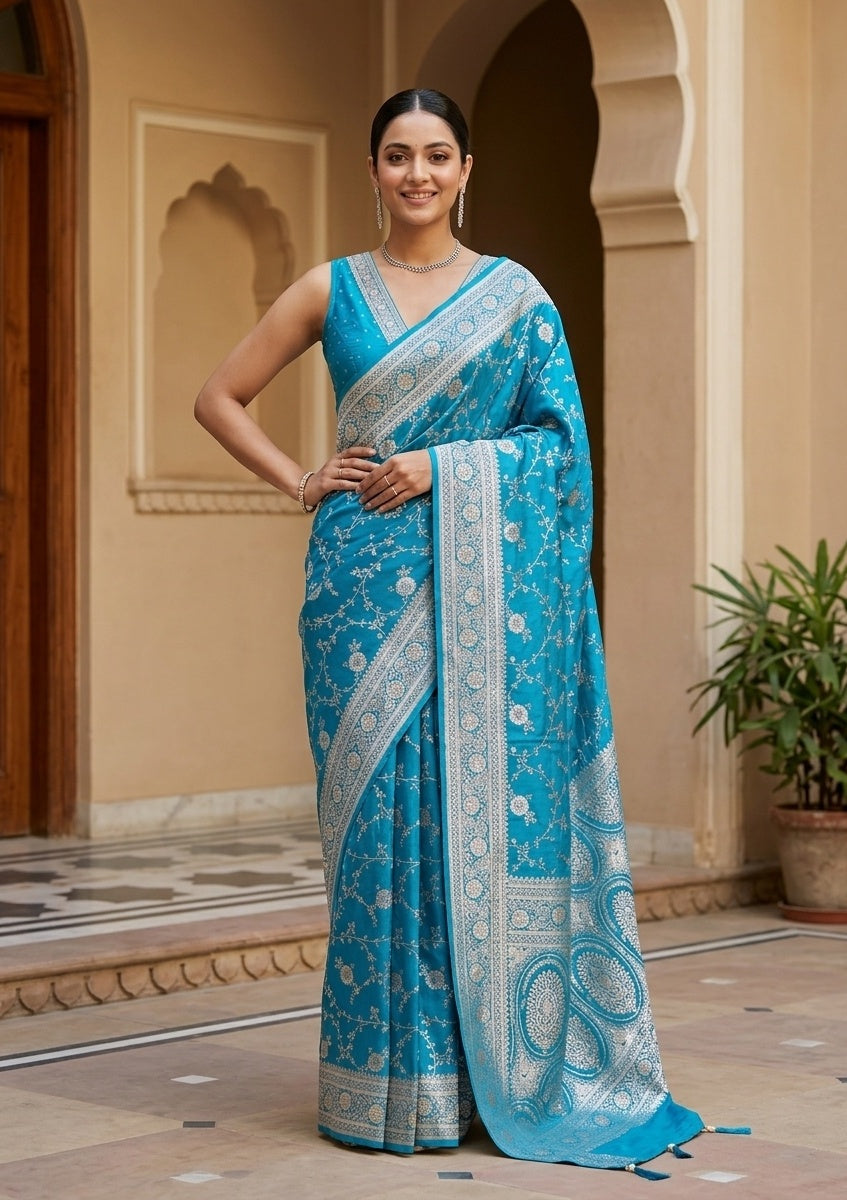Turquoise Blue Stonework (Gold) Art Silk Saree