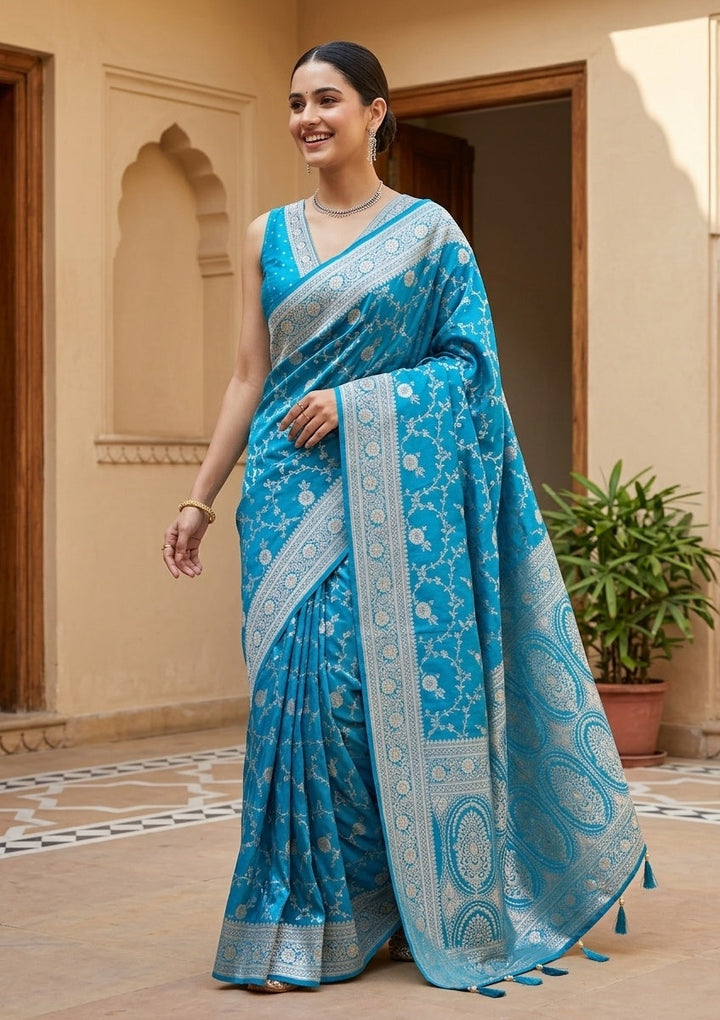 Turquoise Blue Stonework (Gold) Art Silk Saree