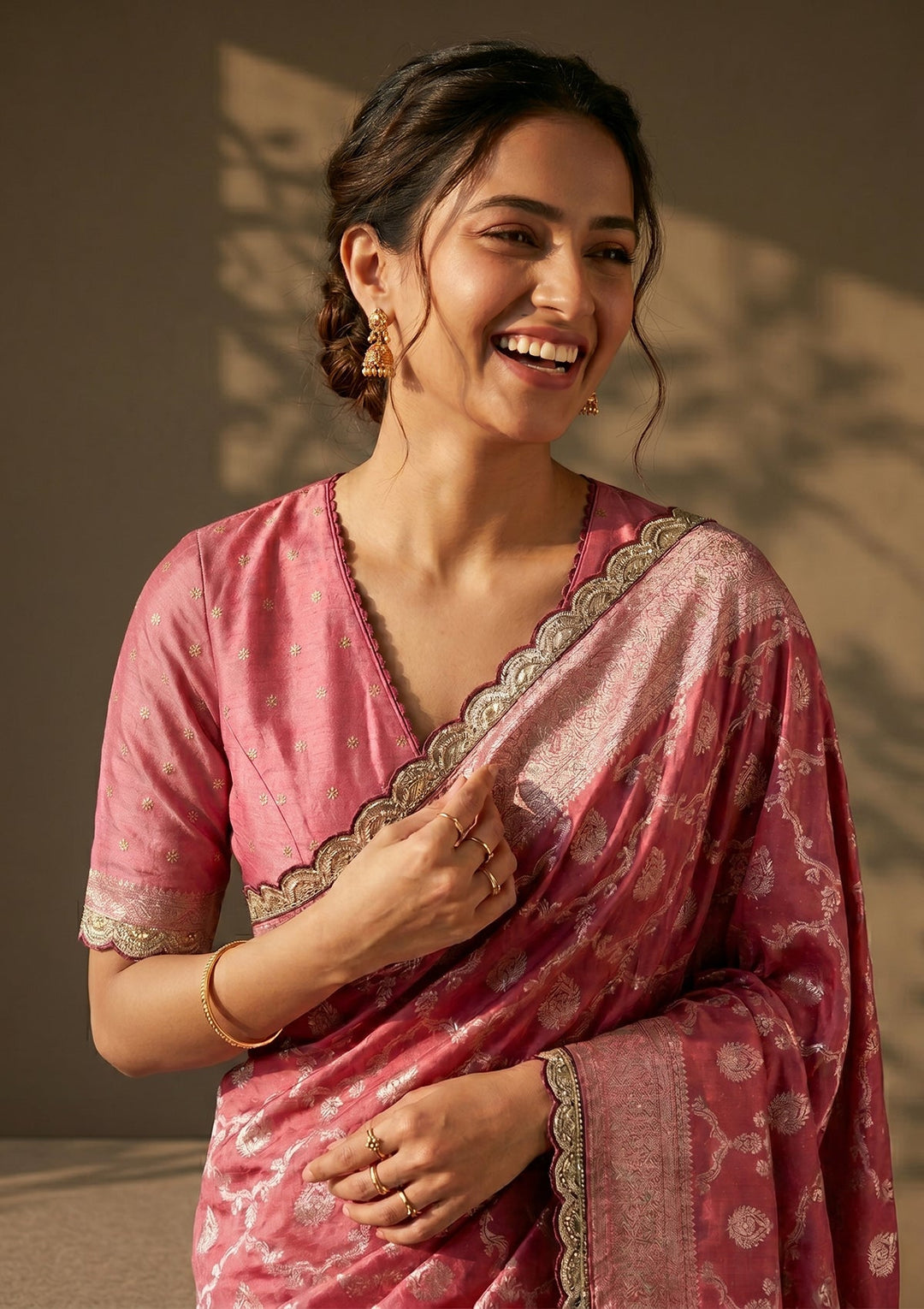 Onion Pink Stonework (Gold) Art Silk Saree