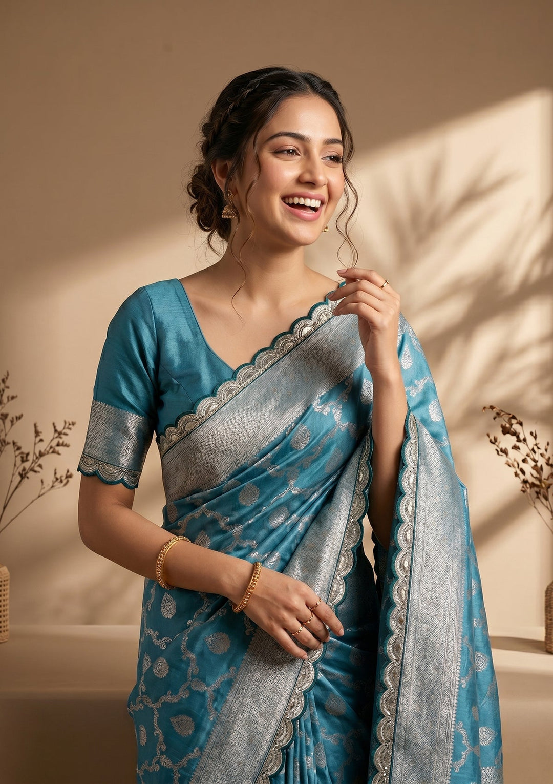 Peacock Blue Stonework (Gold) Art Silk Saree