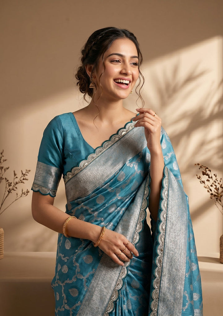 Peacock Blue Stonework (Gold) Art Silk Saree