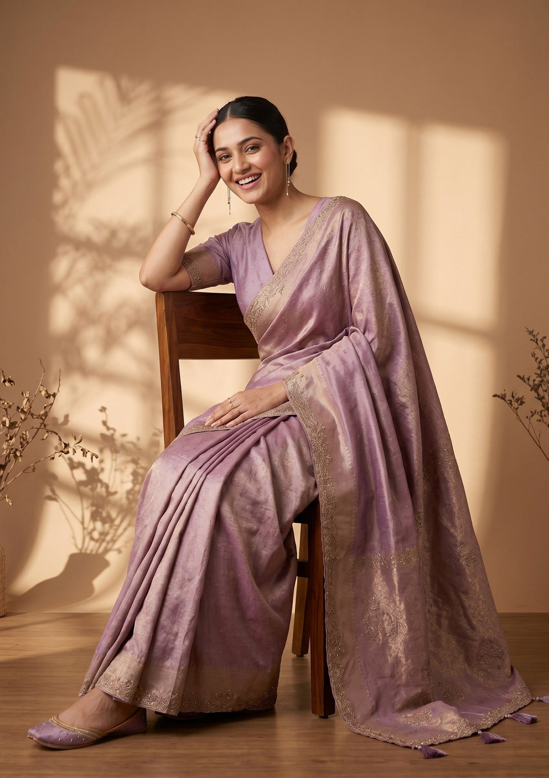 Lavender Stonework (Gold) Art Silk Saree