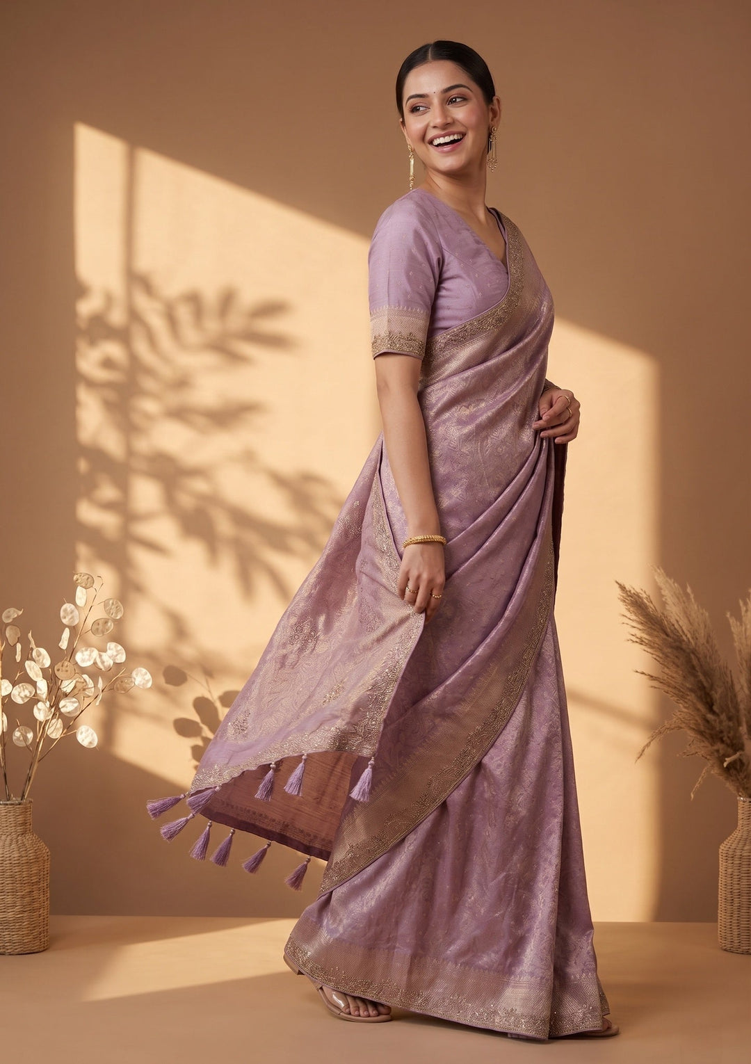 Lavender Stonework (Gold) Art Silk Saree