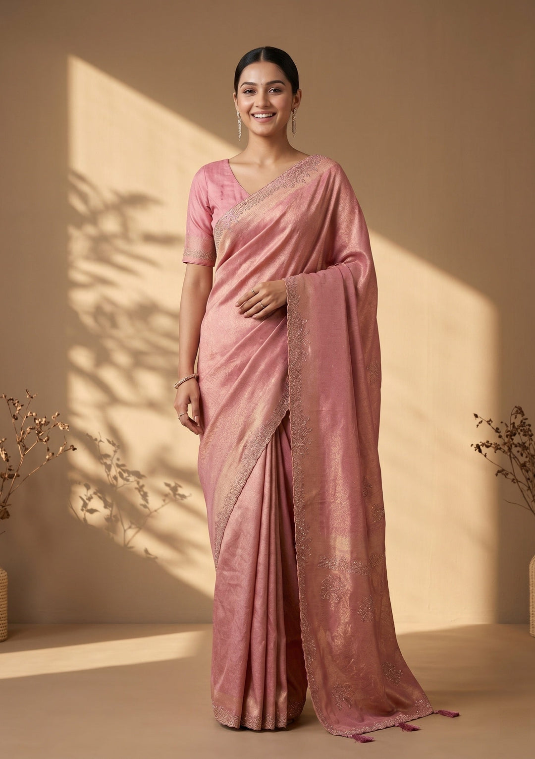 Onion Pink Stonework (Gold) Art Silk Saree