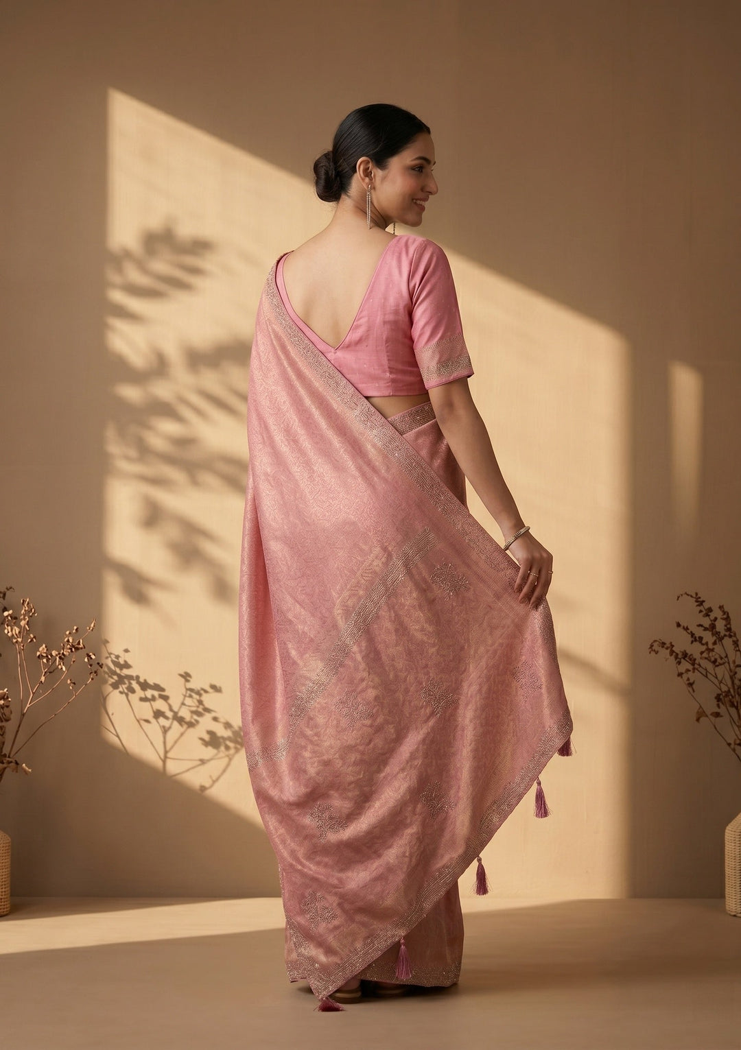 Onion Pink Stonework (Gold) Art Silk Saree
