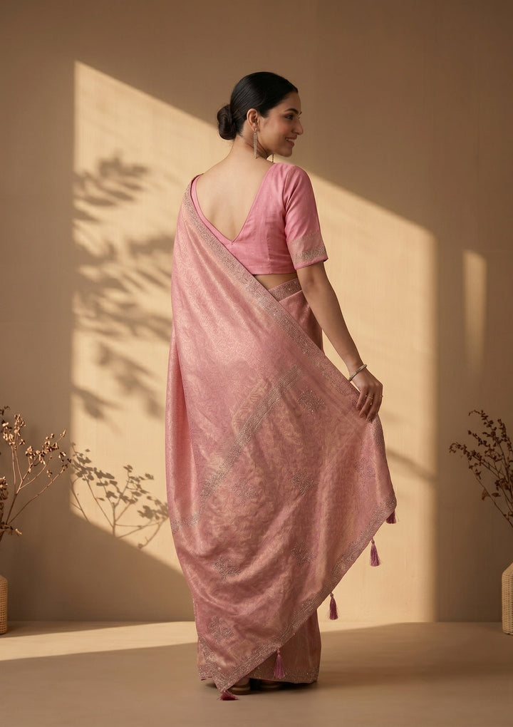 Onion Pink Stonework (Gold) Art Silk Saree