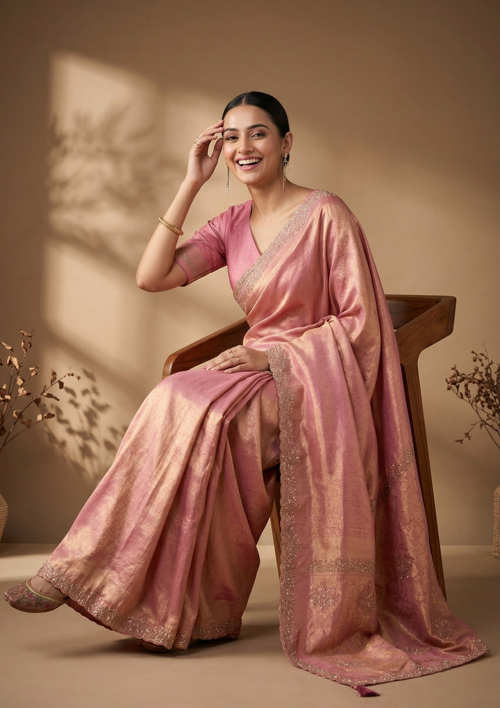 Onion Pink Stonework (Gold) Art Silk Saree