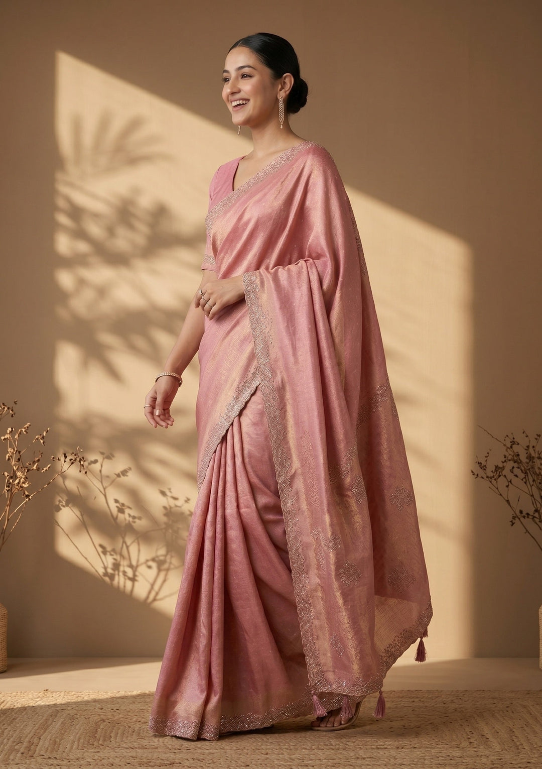 Onion Pink Stonework (Gold) Art Silk Saree