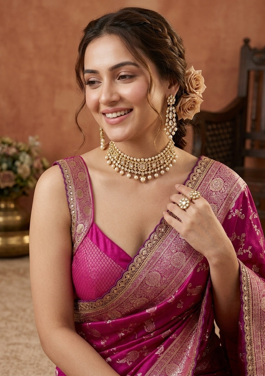 Wine Stonework (Gold) Art Silk Saree