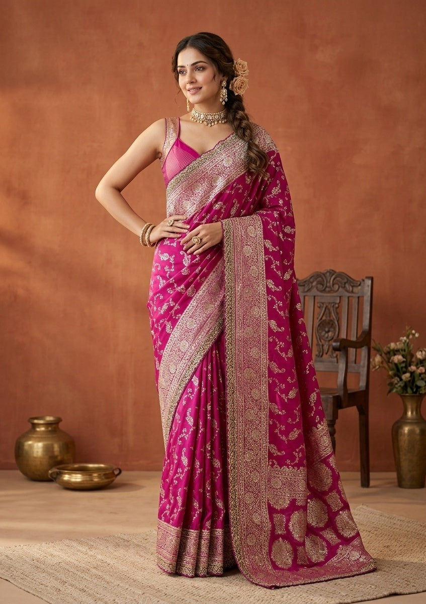 Wine Stonework (Gold) Art Silk Saree