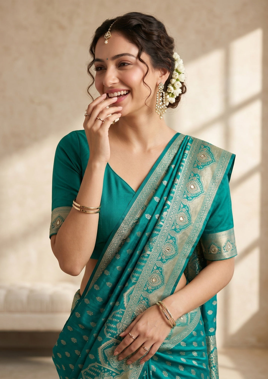 Rama Green Stonework (Gold) Silk Saree