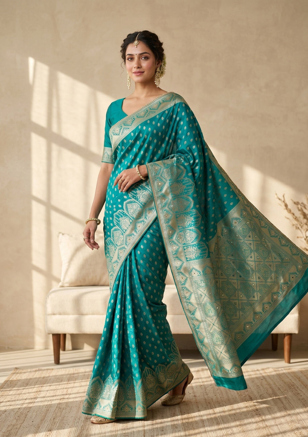 Rama Green Stonework (Gold) Silk Saree