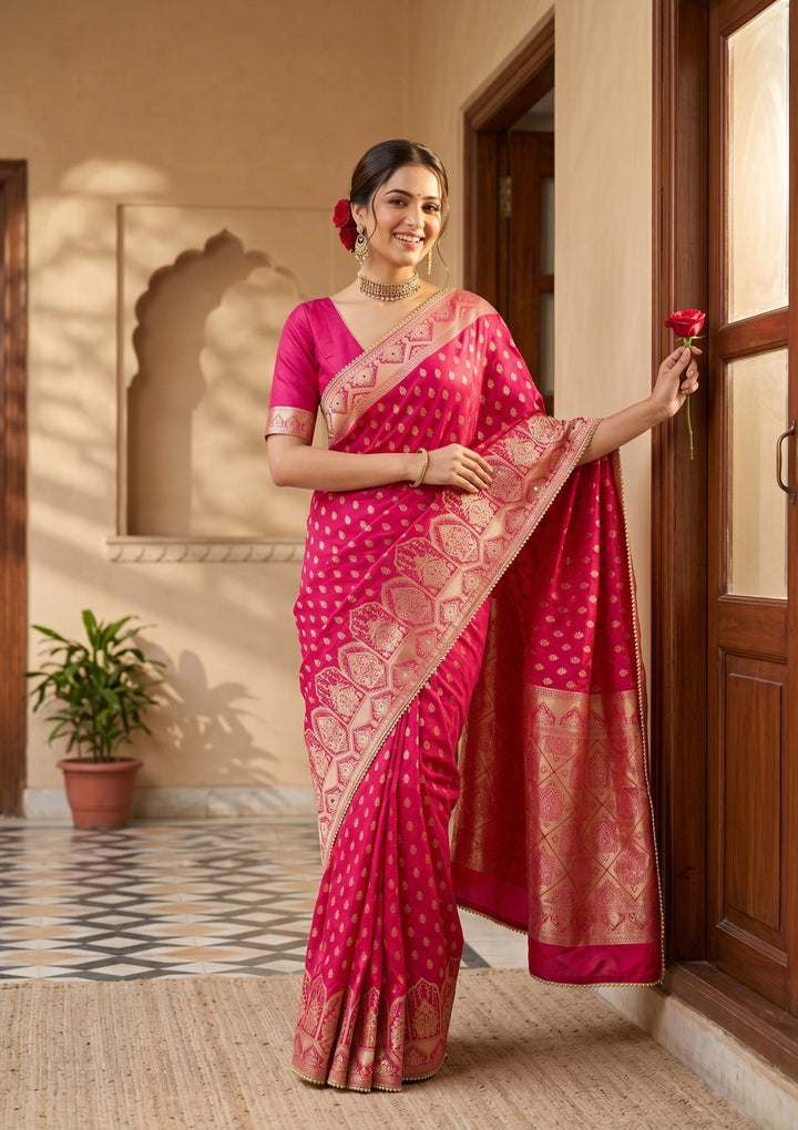 Rani Pink Silk Buti Gold Stonework Saree With Matching Blouse Piece