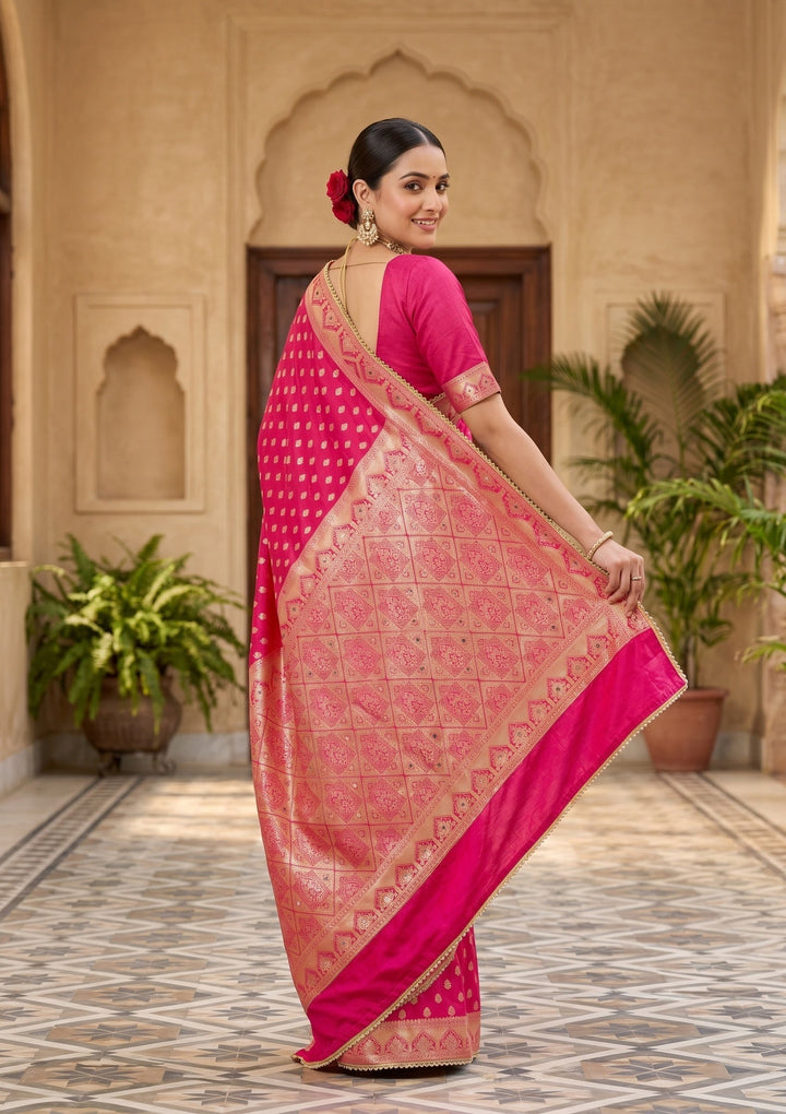 Rani Pink Silk Buti Gold Stonework Saree With Matching Blouse Piece