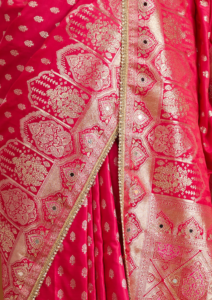 Rani Pink Silk Buti Gold Stonework Saree With Matching Blouse Piece