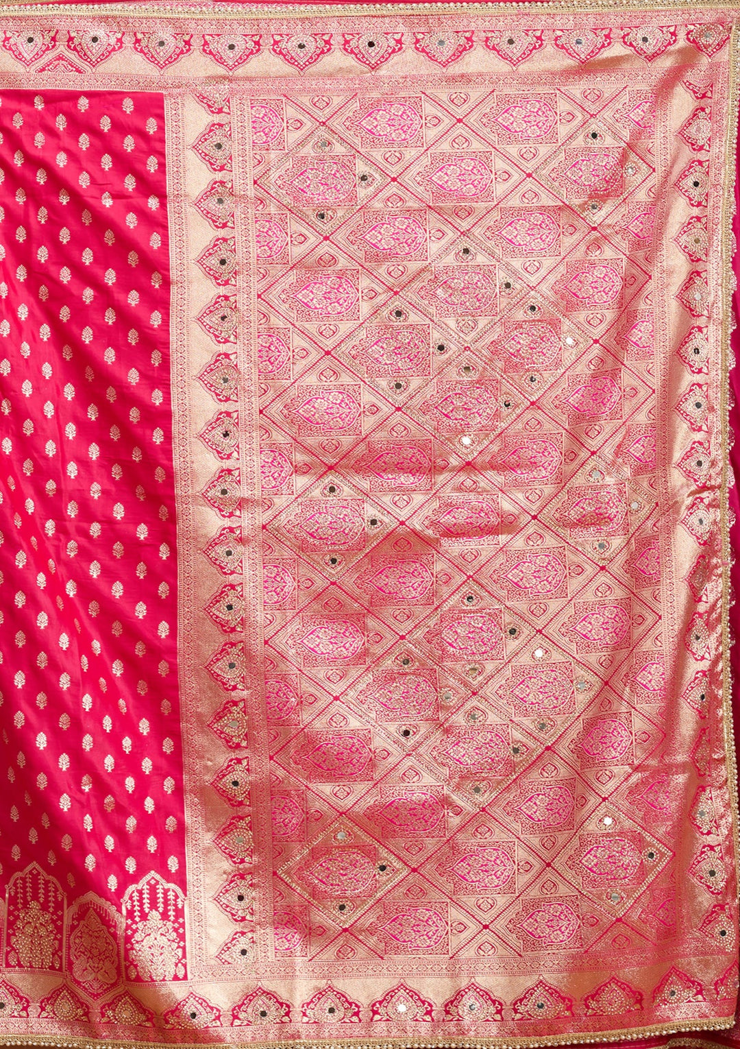 Rani Pink Silk Buti Gold Stonework Saree With Matching Blouse Piece