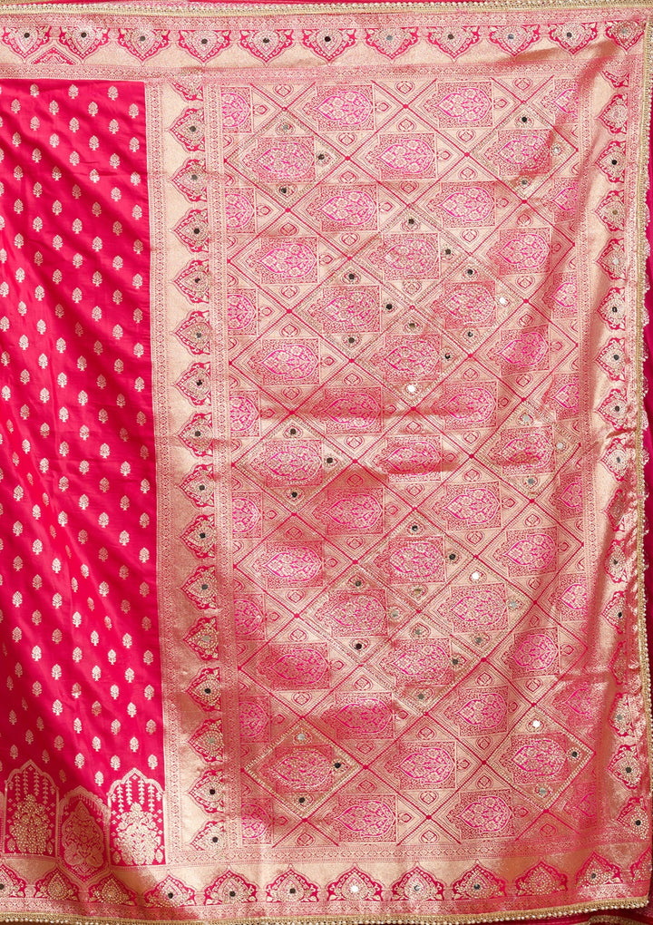 Rani Pink Silk Buti Gold Stonework Saree With Matching Blouse Piece