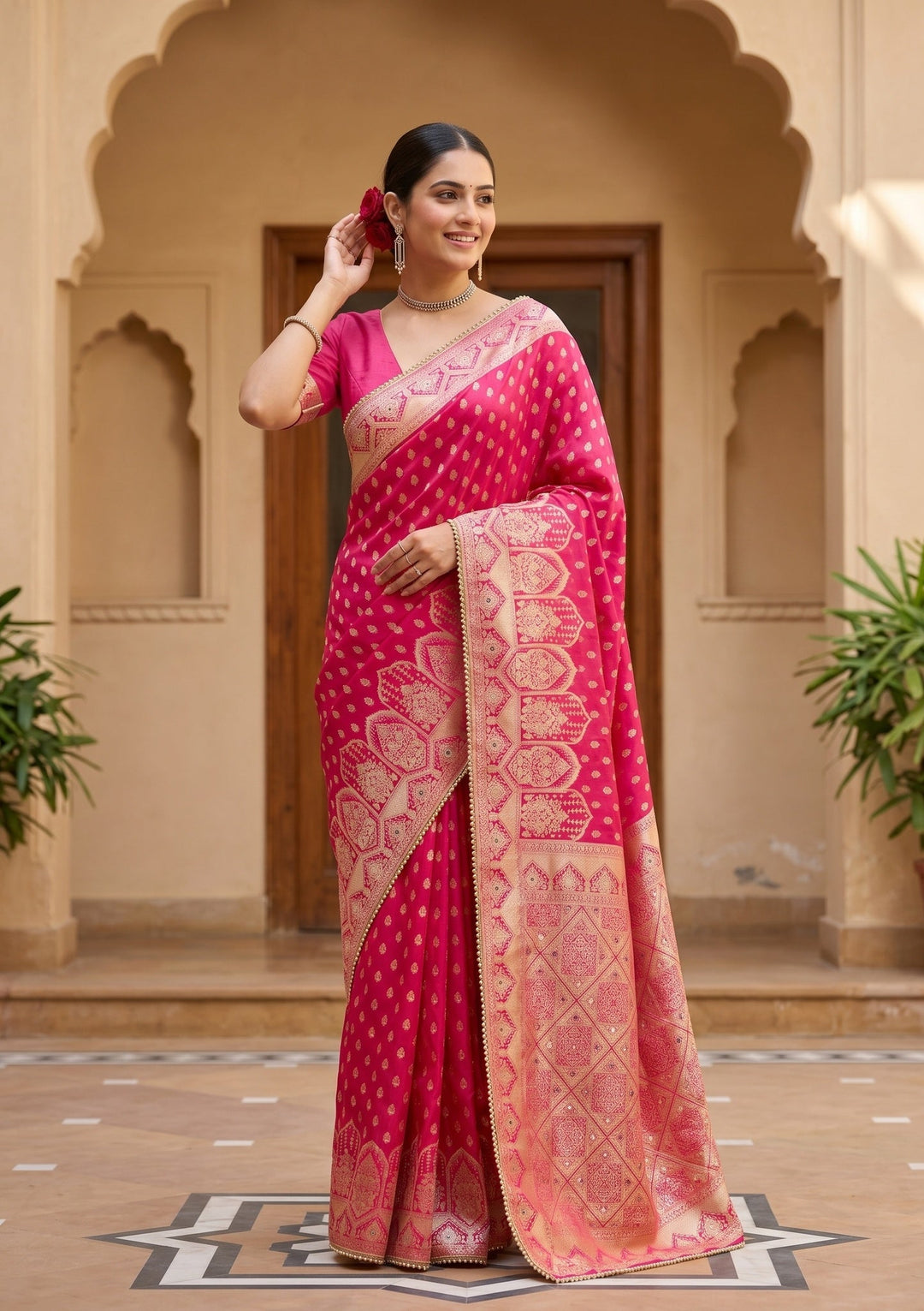 Rani Pink Silk Buti Gold Stonework Saree With Matching Blouse Piece