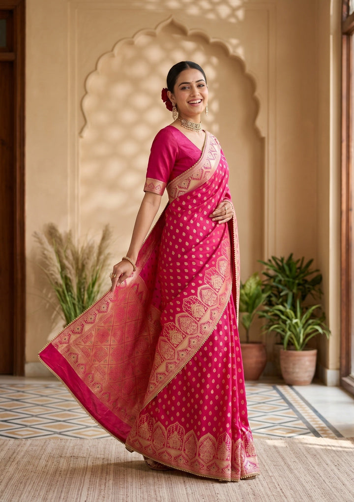 Rani Pink Silk Buti Gold Stonework Saree With Matching Blouse Piece