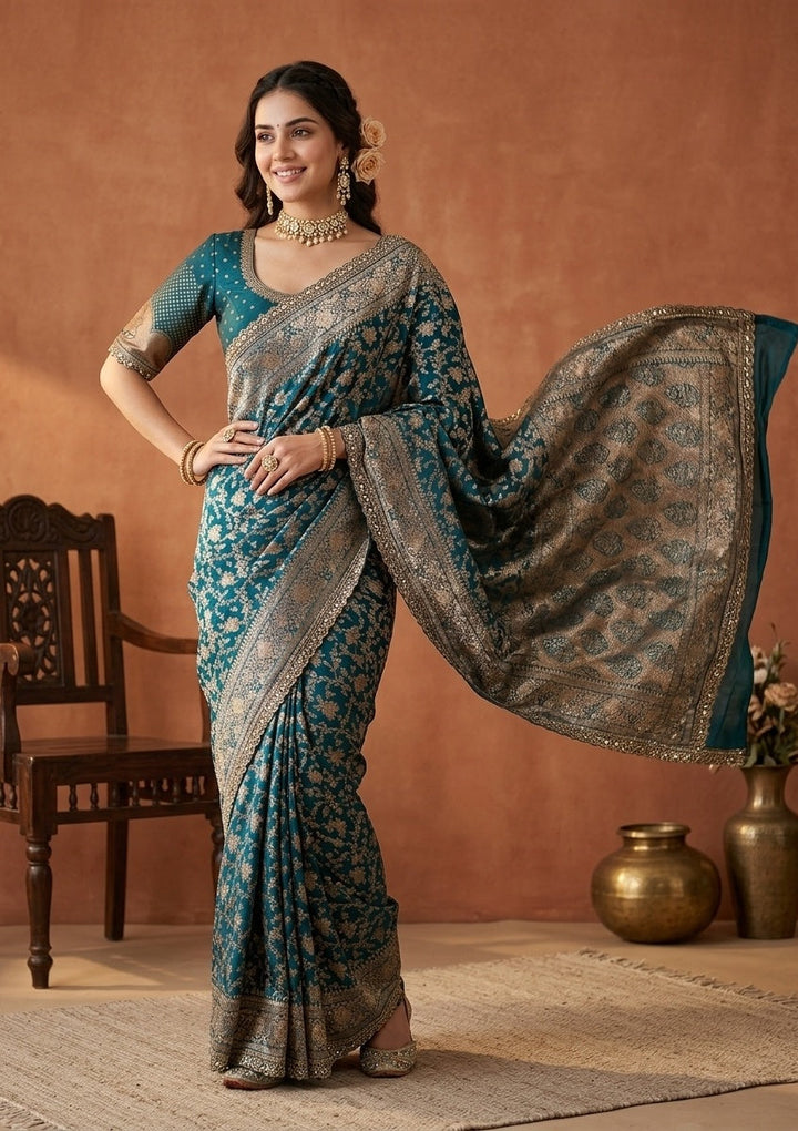 Peacock Blue Stonework (Gold) Art Silk Saree