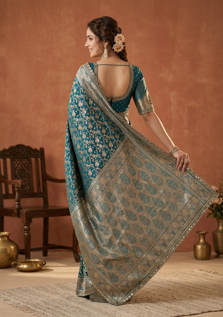 Peacock Blue Stonework (Gold) Art Silk Saree